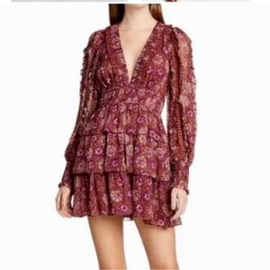 House of Harlow 1960 Metallic Maroon Floral Long Sleeve Tiered Mini Dress SZ 6